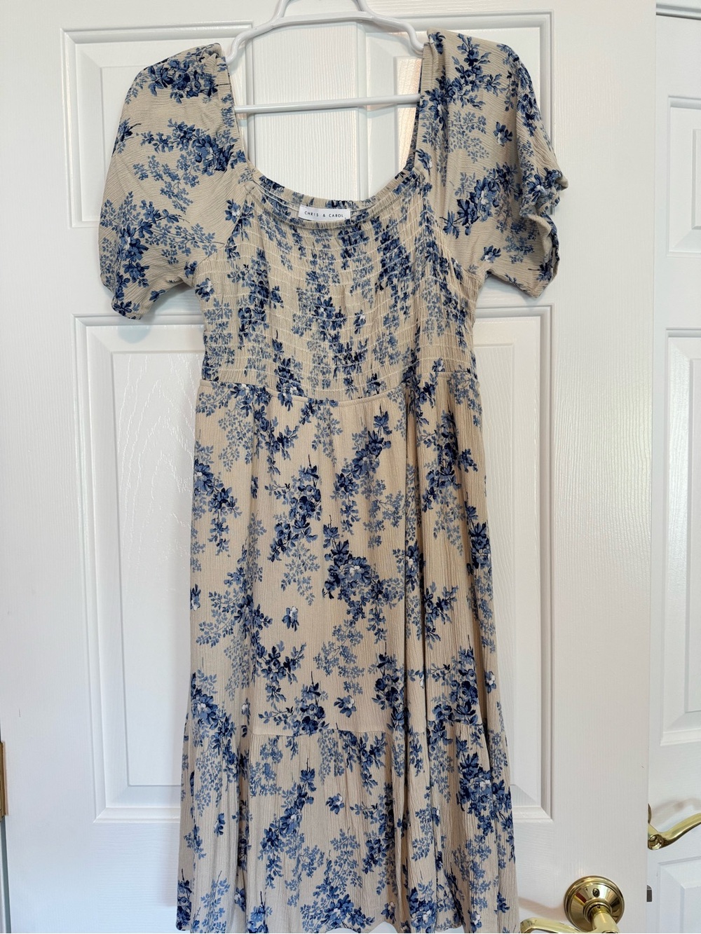 Chris & Carol Cream and Blue Midi Dress Size Large